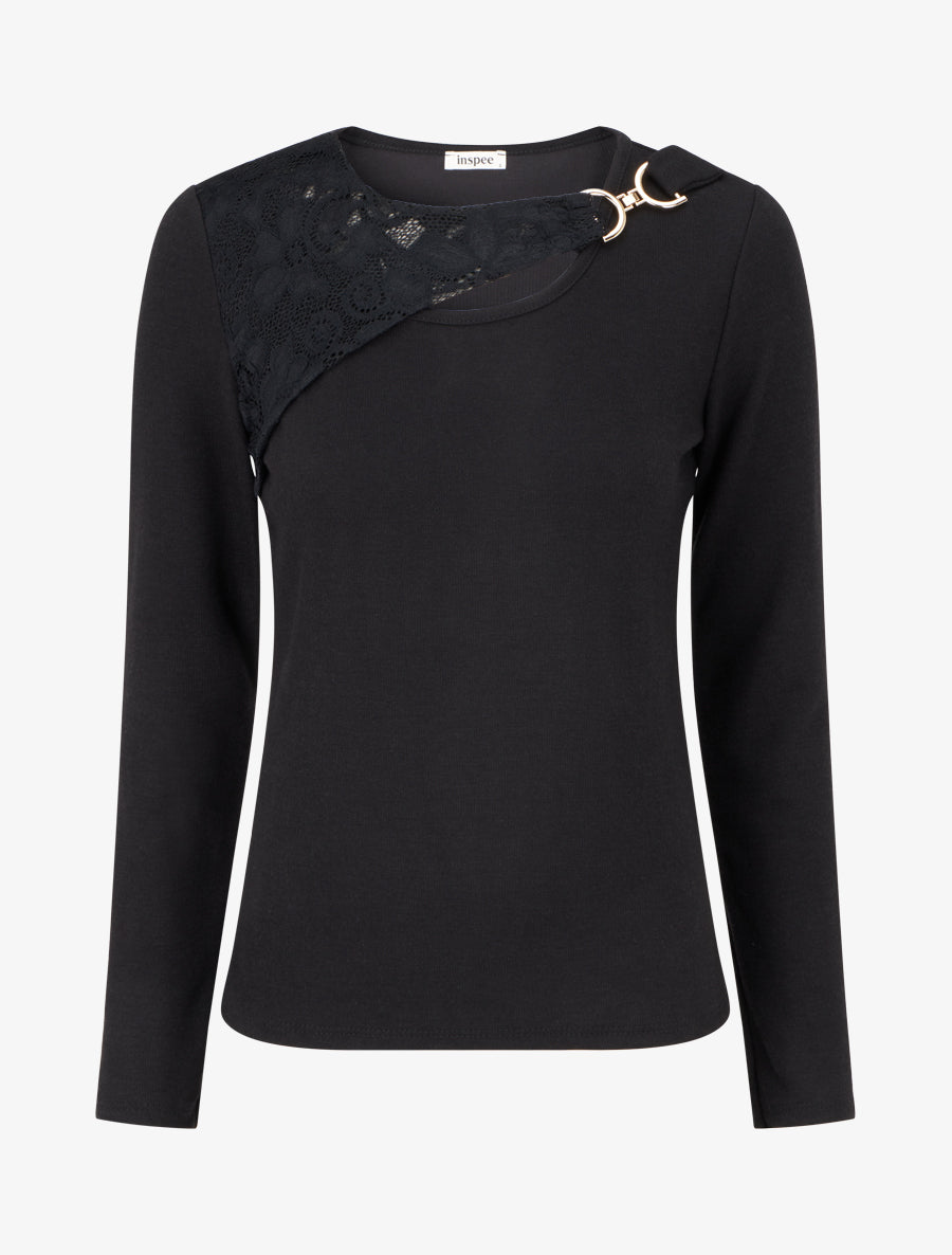 Pull à détail dentelle et empiècement métallique - Noir - 1