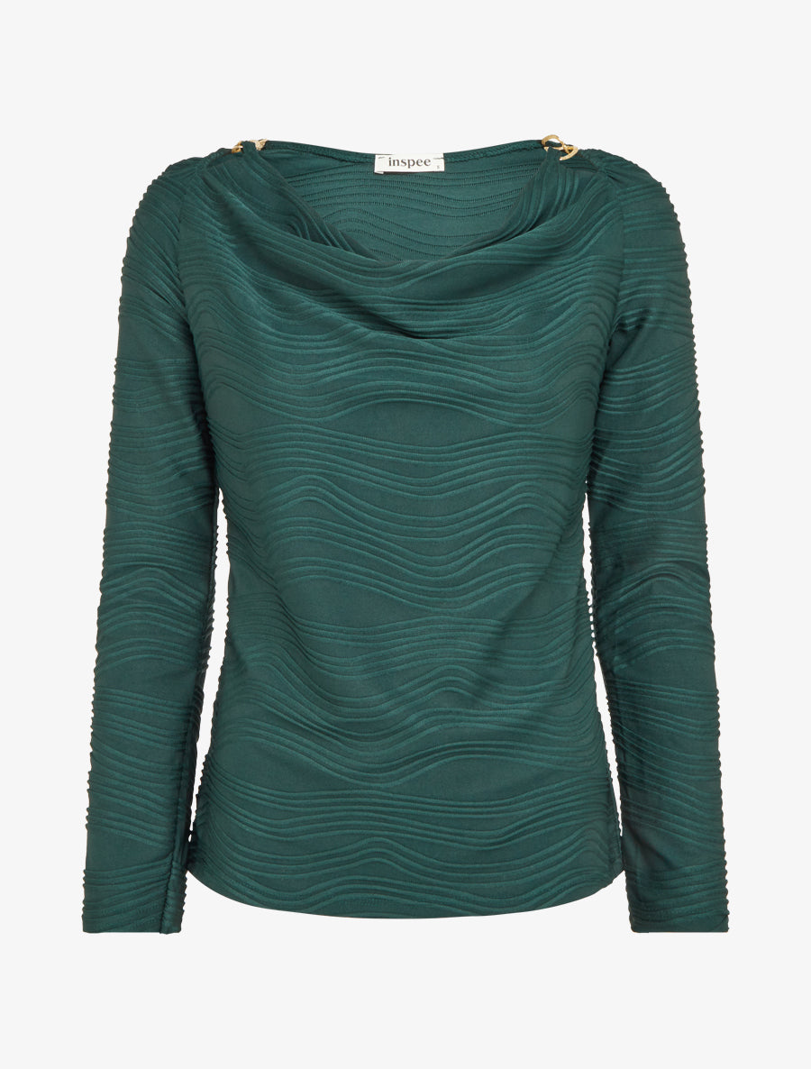Top texturé à col bénitier et bijou - Vert foncé - 1