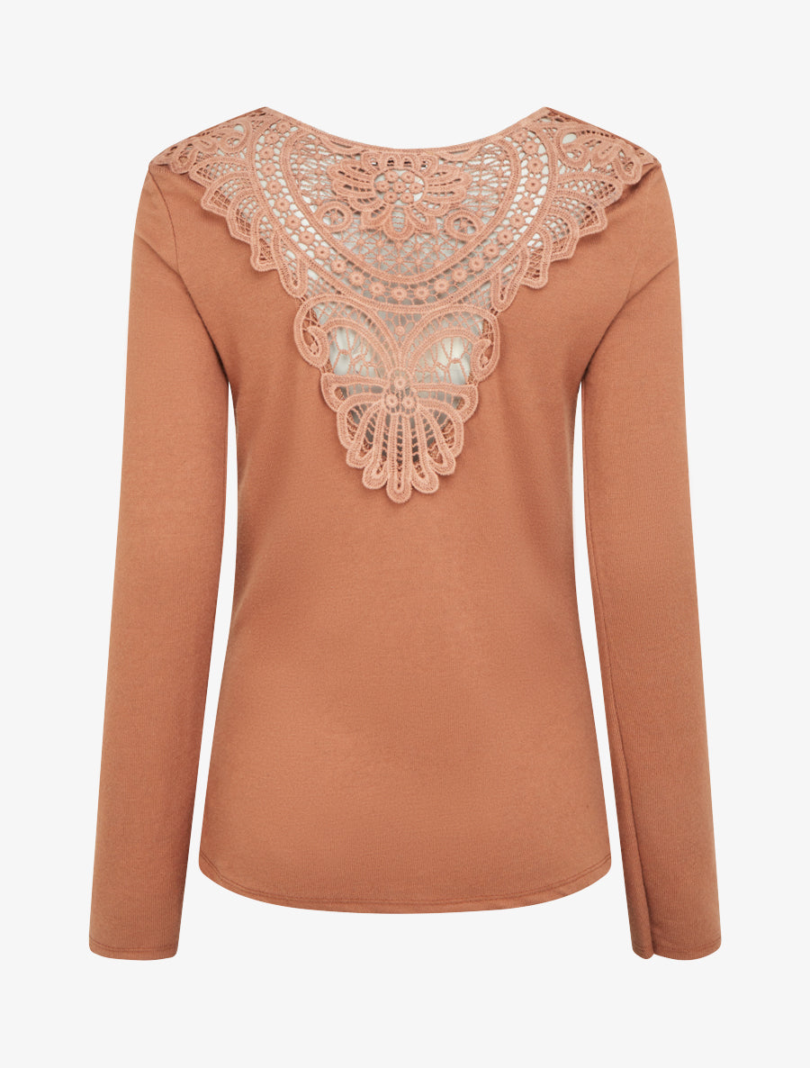 Pull à col bénitier et dos en crochet - Camel - 2