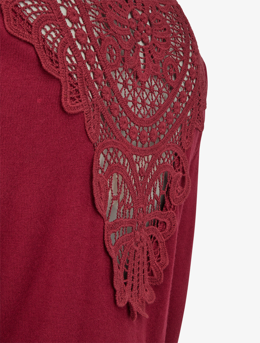 Pull à col bénitier et dos en crochet - Bordeaux