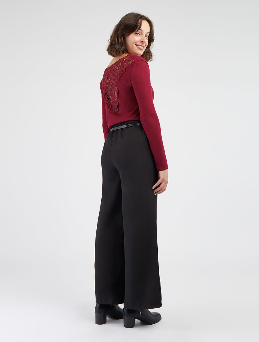 Pull à col bénitier et dos en crochet - Bordeaux