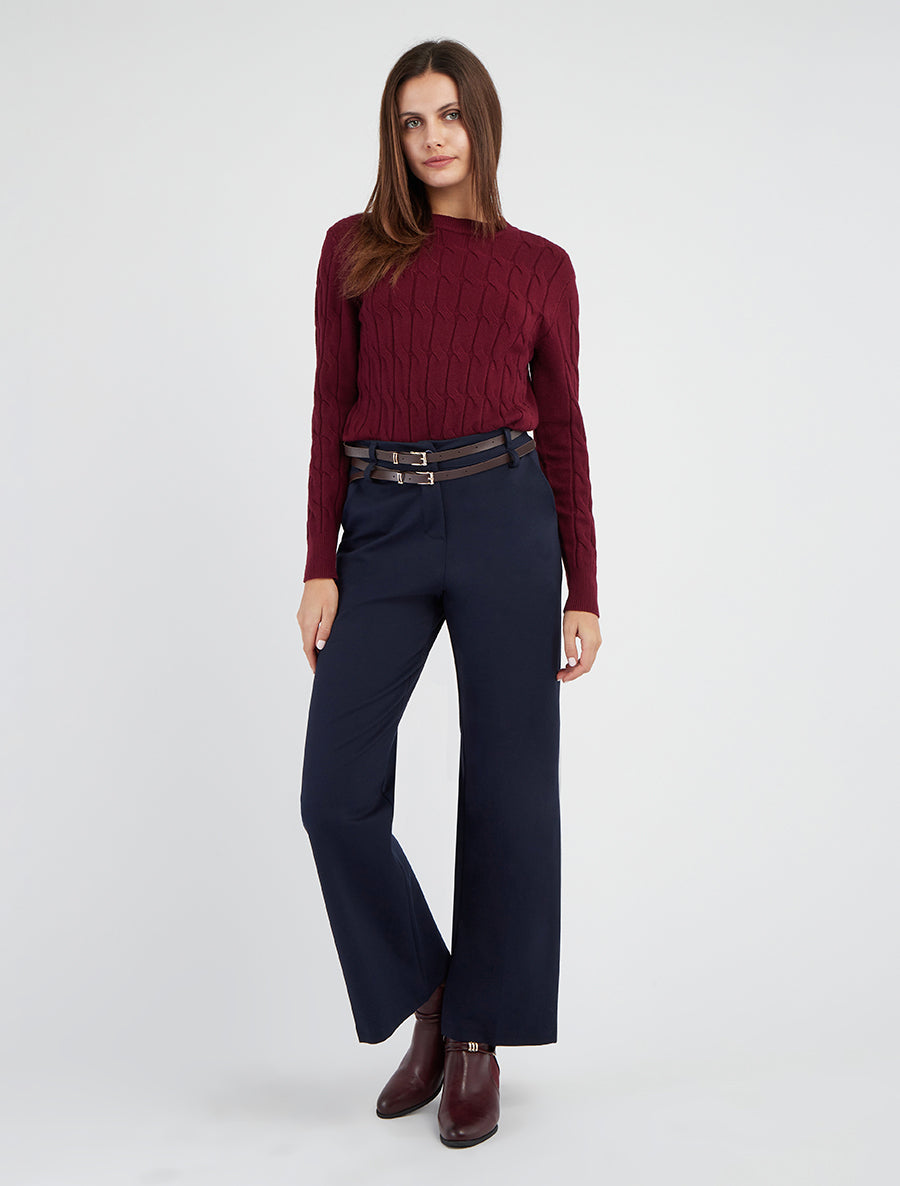 Pantalon droit taille haute à double ceinture - Marine