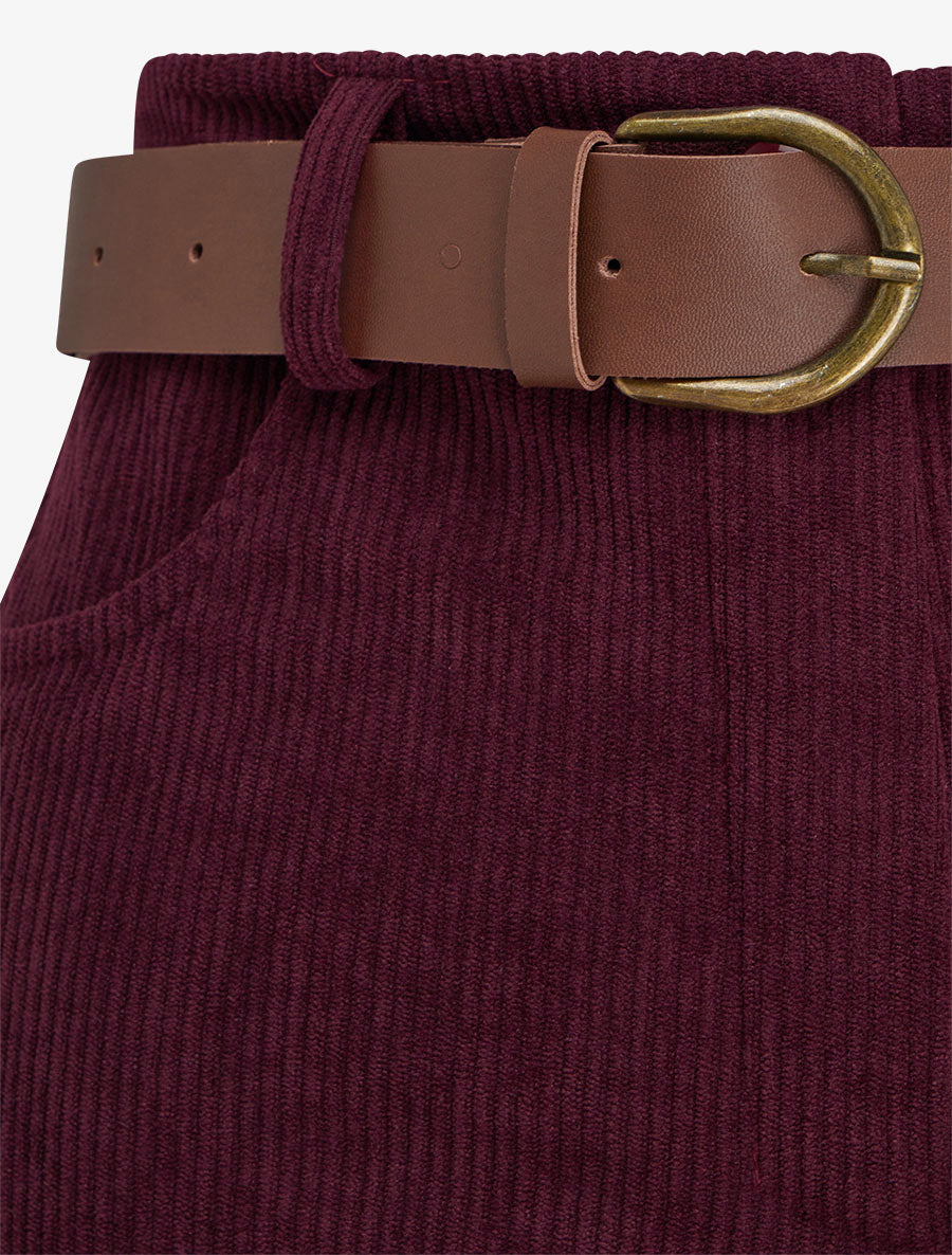 Pantalon ceinturé taille haute en velours côtelé - Prune - 3