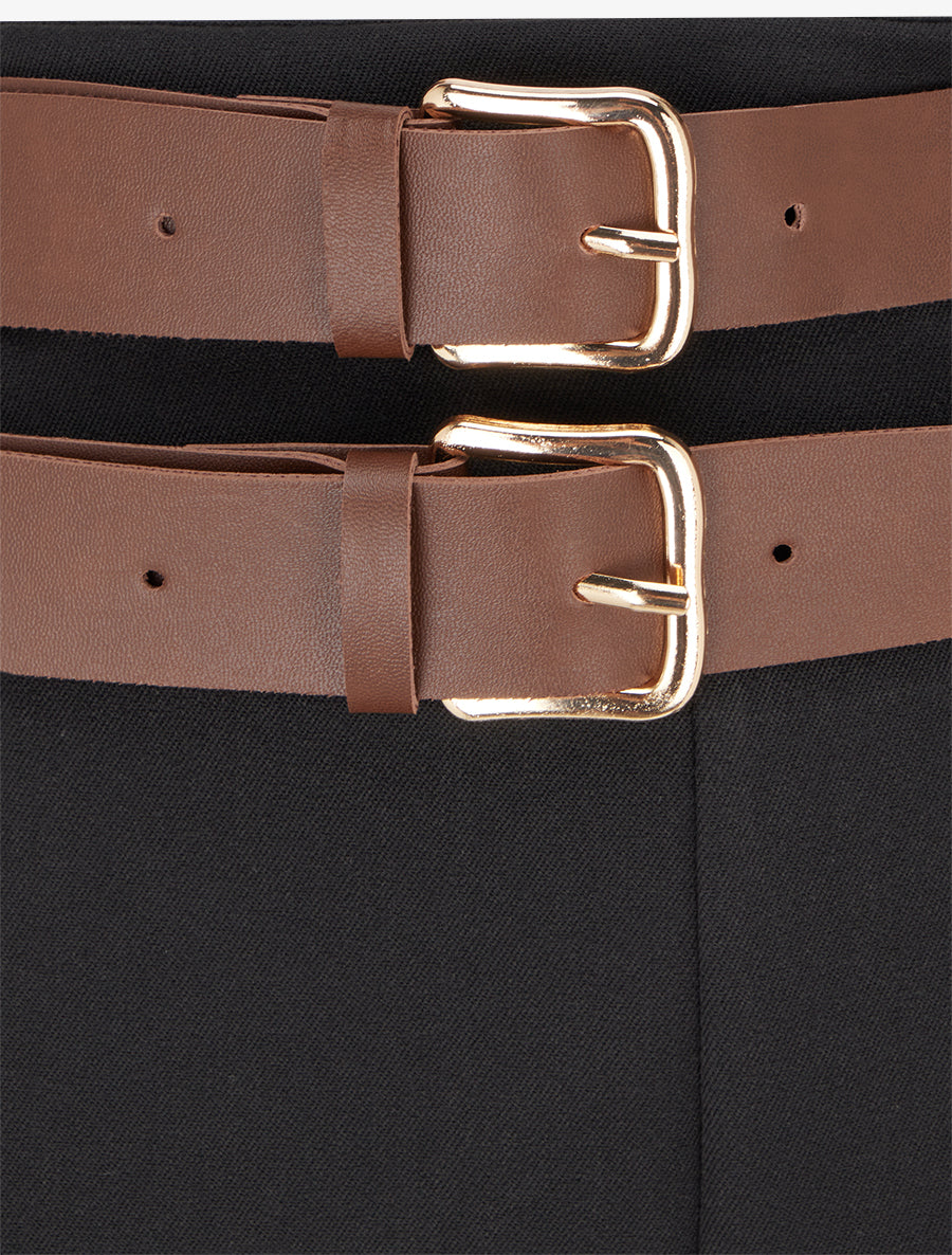 Pantalon droit à double ceintures - Noir - 3