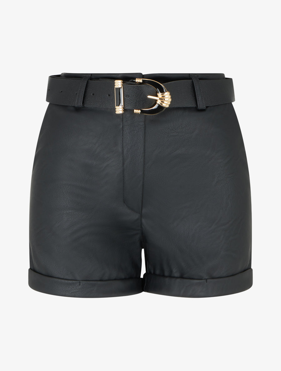 Short ceinturé à revers en simili - Noir - 1