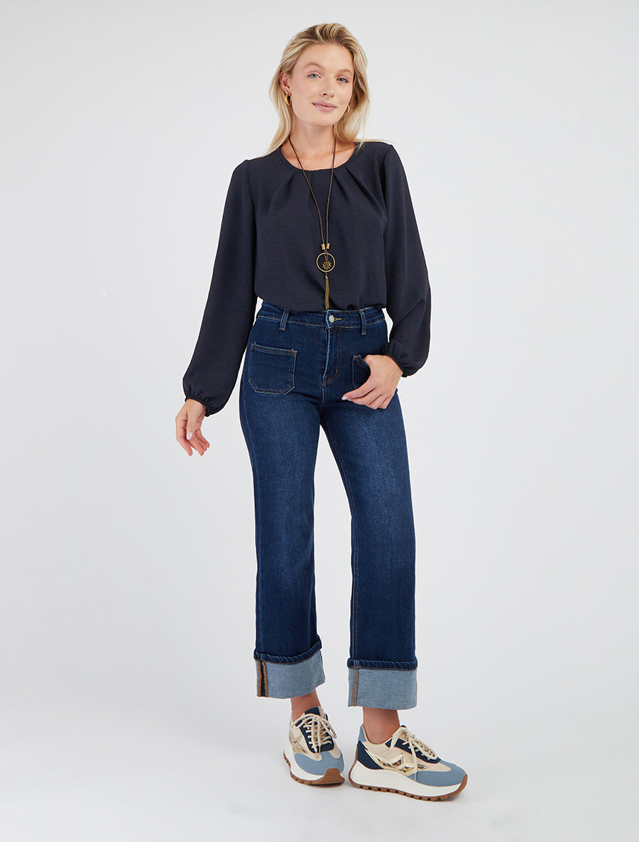 Blouse unie à bords élastiqués - Marine - 8