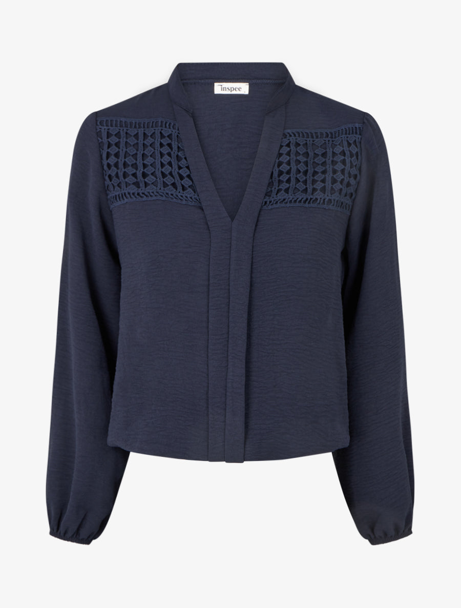 Blouse fluide coupe boule à détail crochet - Marine - 1