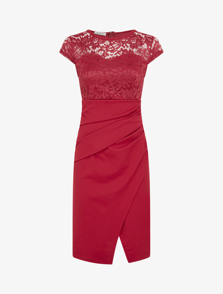 Robe droite à dentelle et drapé - Rouge - 1