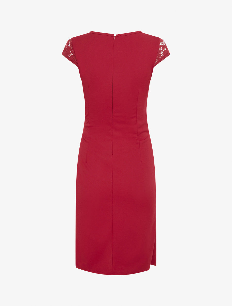 Robe droite à dentelle et drapé - Rouge - 2