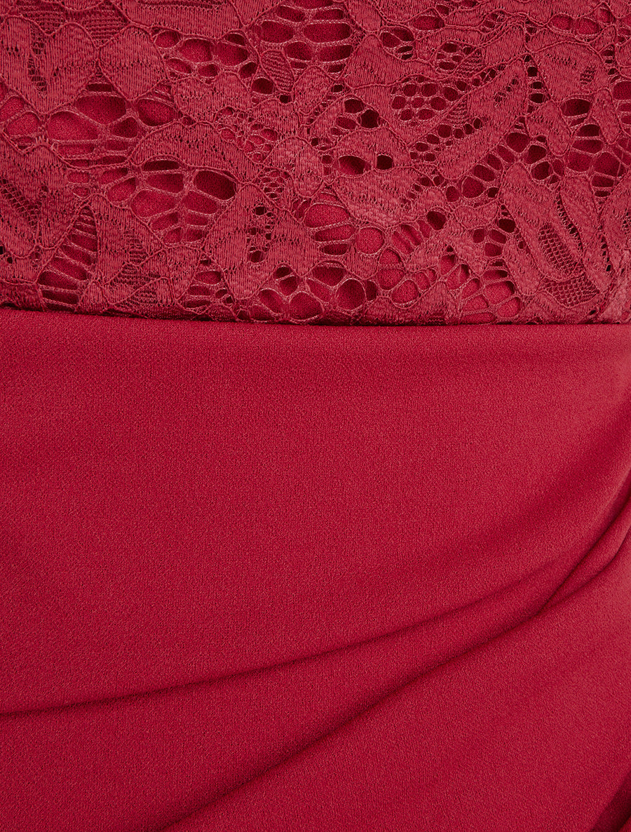 Robe droite à dentelle et drapé - Rouge - 3