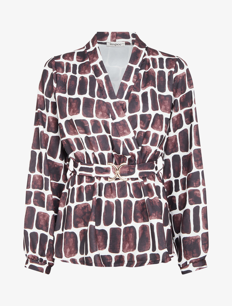 Top ceinturé à imprimé graphique - Marron - 1