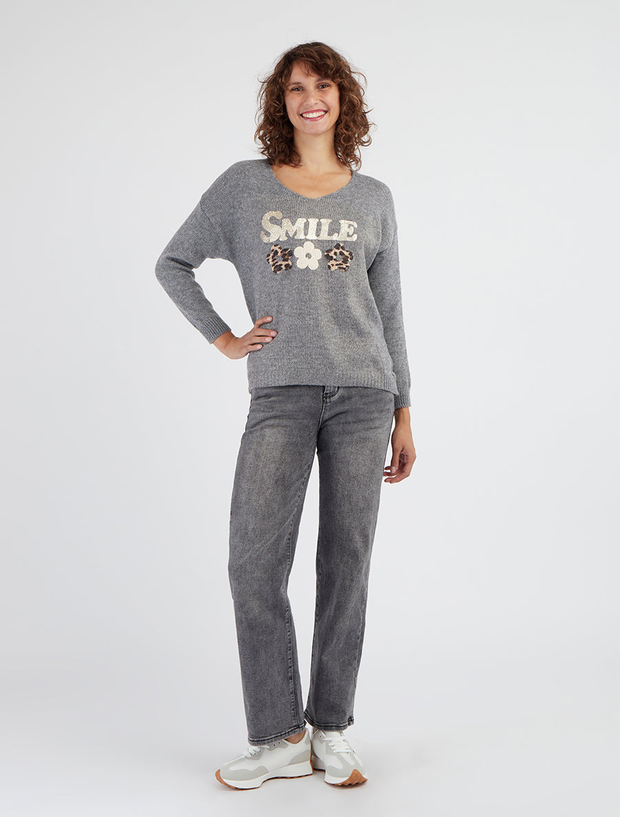 Pull uni en maille à flocage - Gris