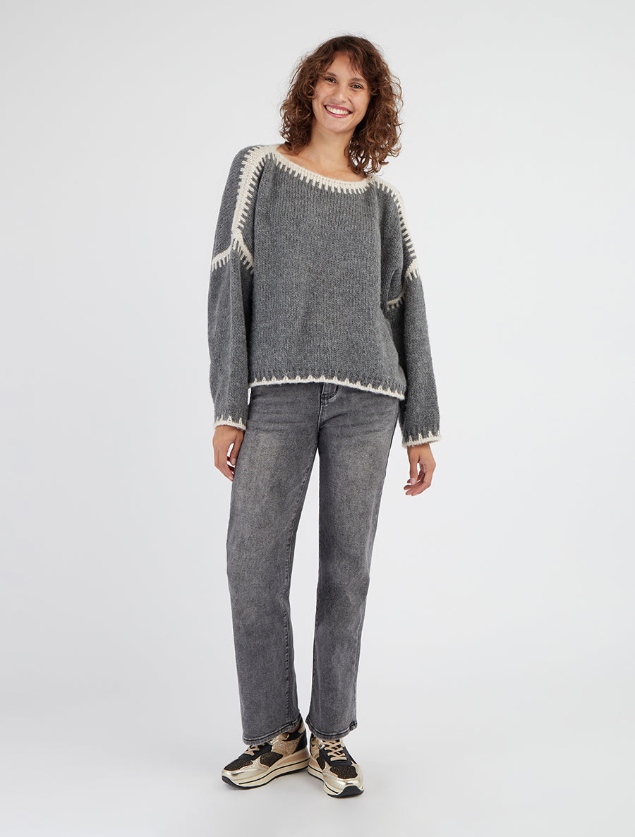 Pull en maille uni à bandes contrastantes - Gris