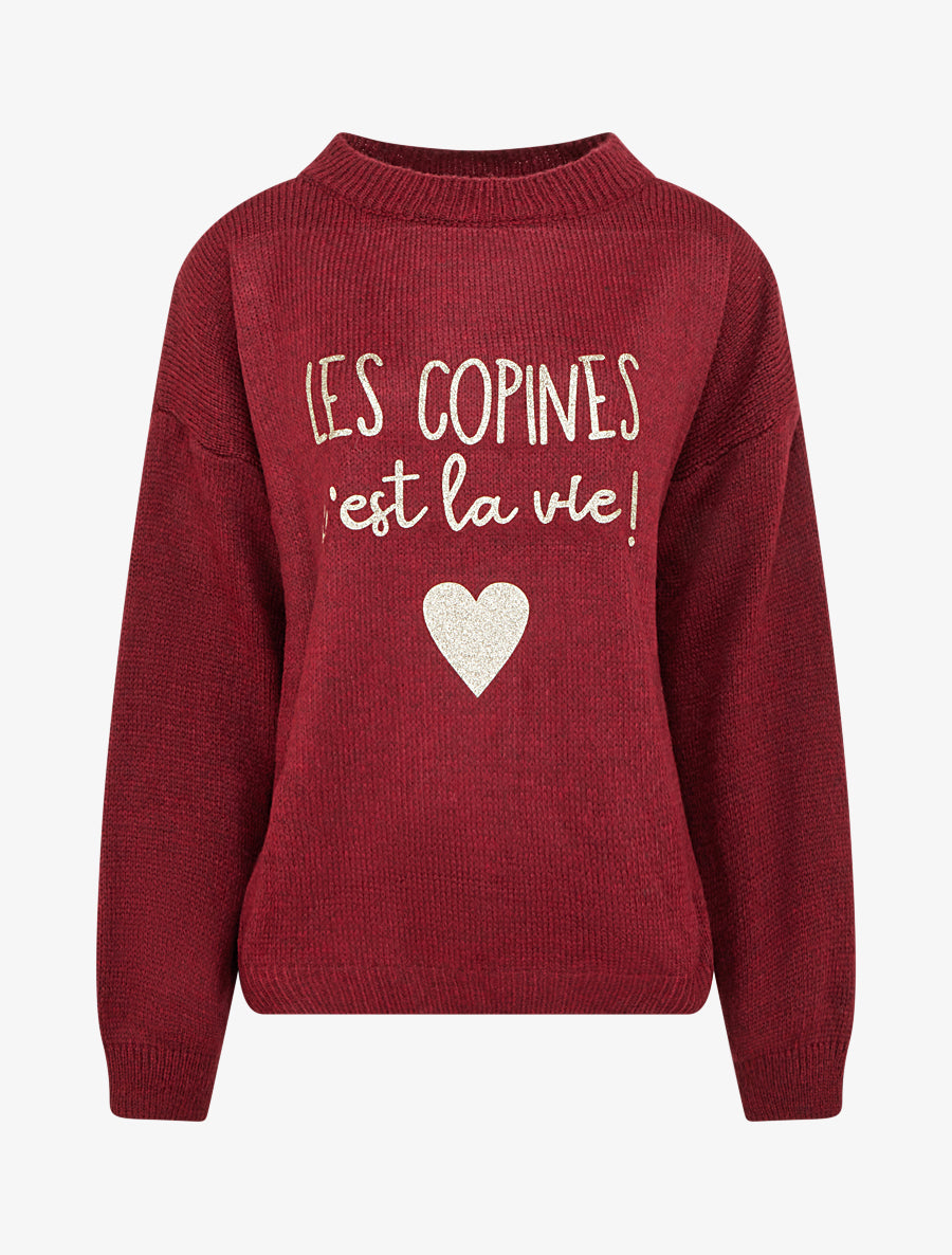 Pull en maille uni à flocage - Lie de vin - 1