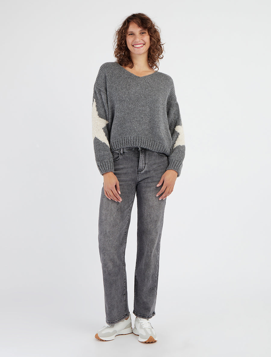 Pull en maille uni à motifs étoiles - Gris