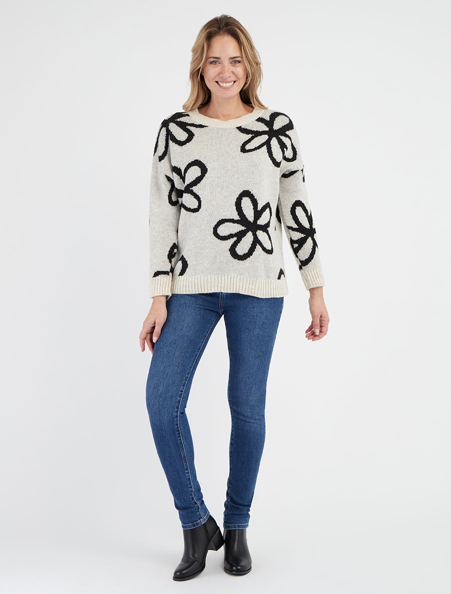 Pull droit à imprimé floral - Blanc cassé