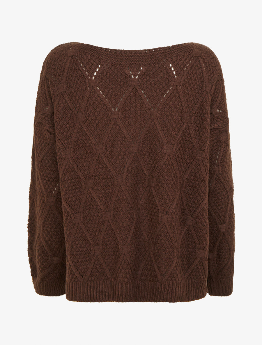 Pull uni ajouré à col rond - Marron - 2