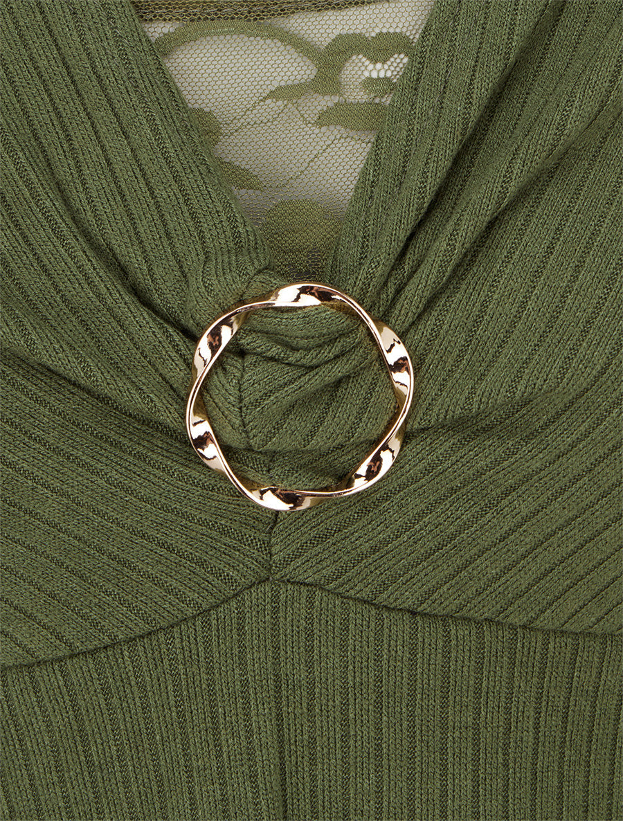 Pull fin côtelé à col dentelle et bijou - Kaki - 3