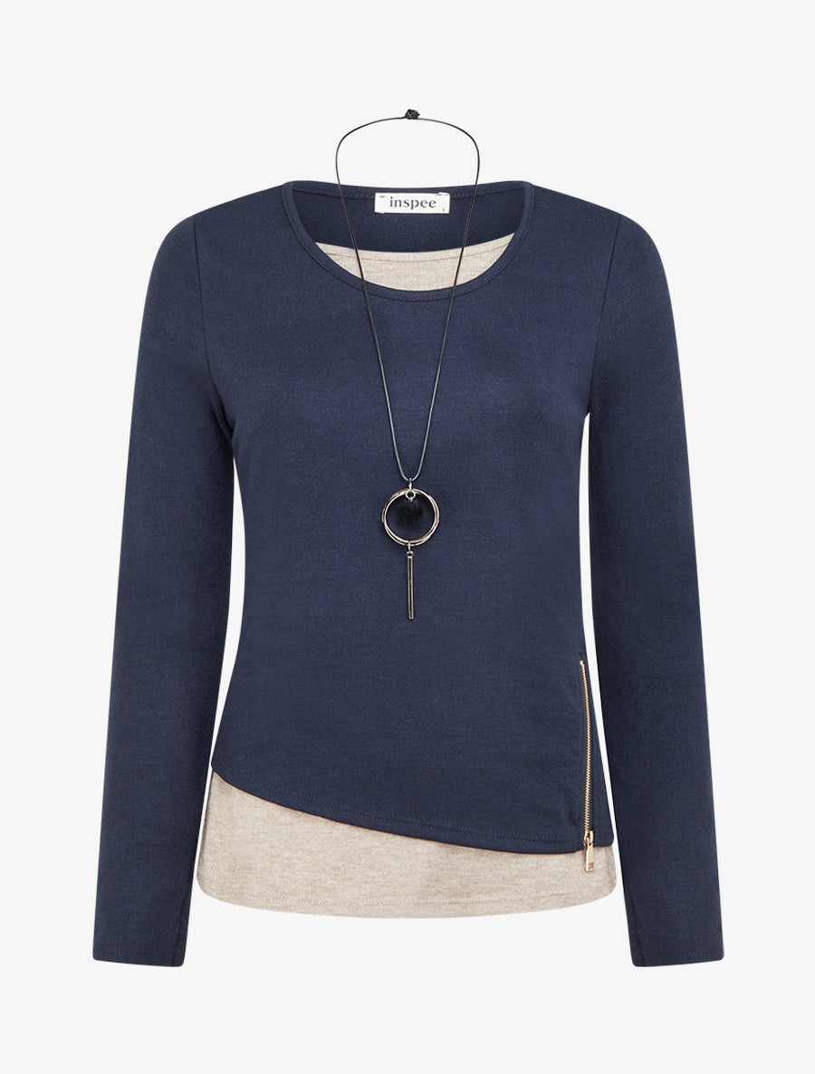 Pull bicolore zippé sur le côté - Marine/taupe - 1