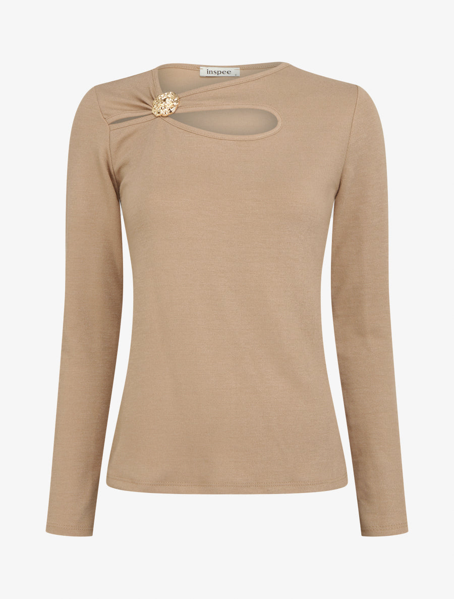 Pull ajouré à empiècement bijou - Taupe - 1