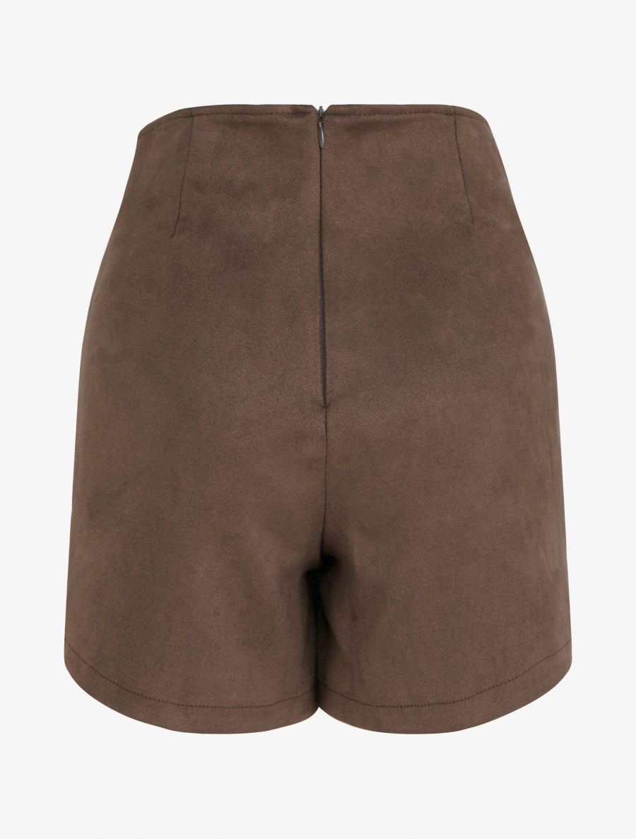 Jupe short zippée en suédine - Marron