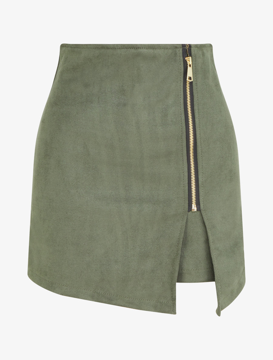 Jupe short zippée en suédine - Kaki