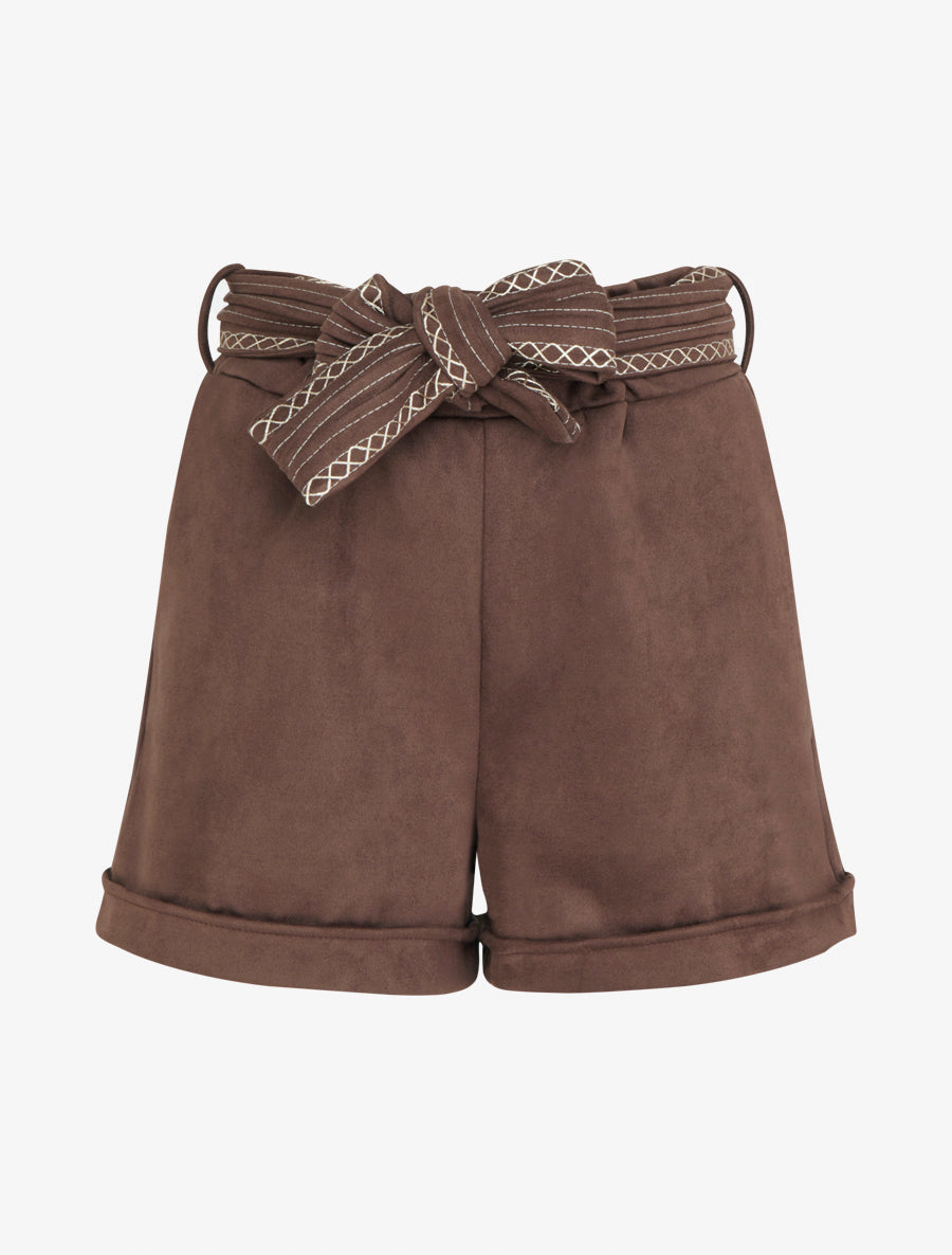 Short en suédine à ceinture brodée - Marron - 1