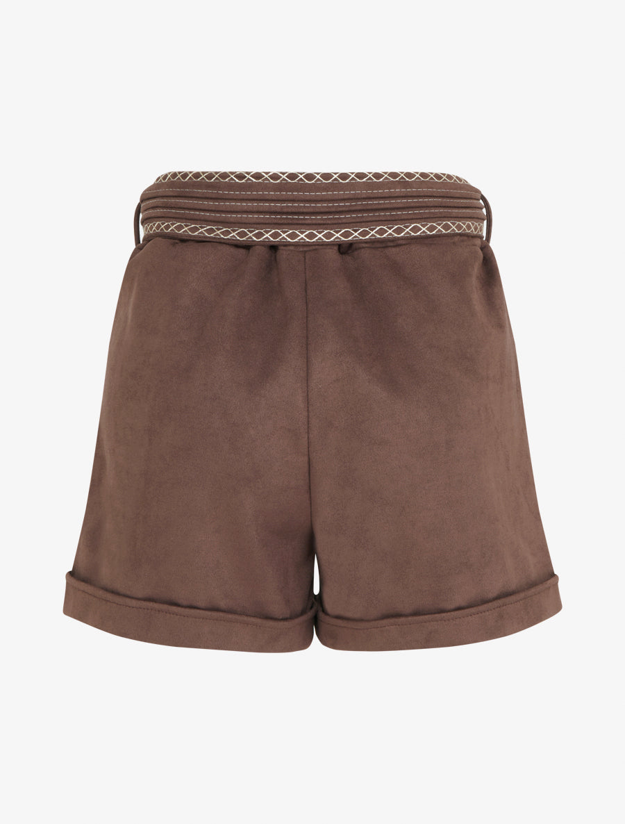 Short en suédine à ceinture brodée - Marron - 2