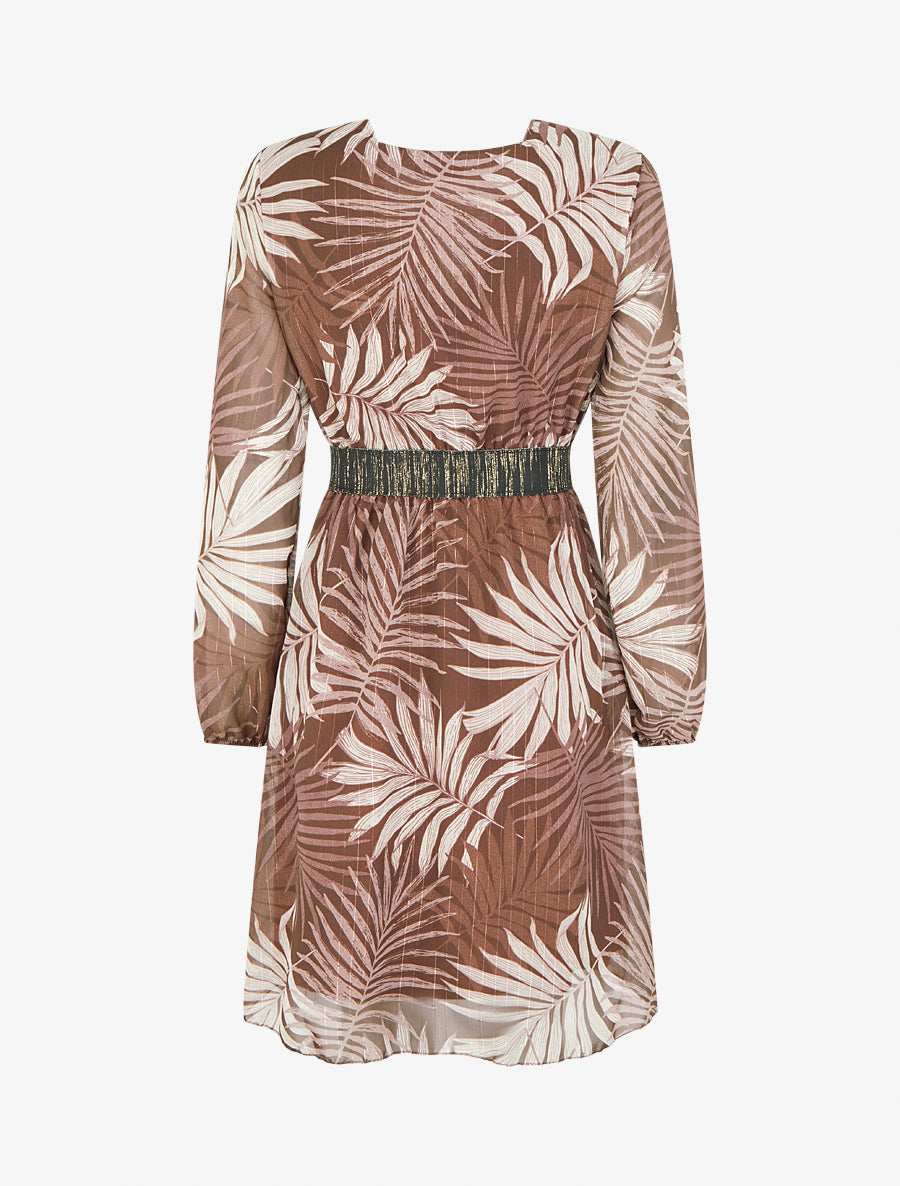 Robe cintrée en voile imprimé feuillage - Marron - 2