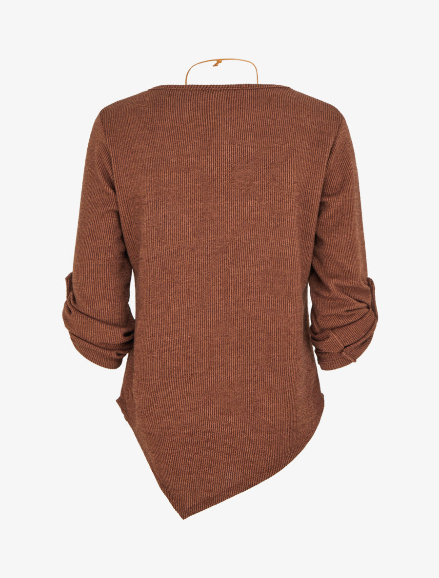 Pull fin asymétrique à manches longues retroussables - Marron - 2