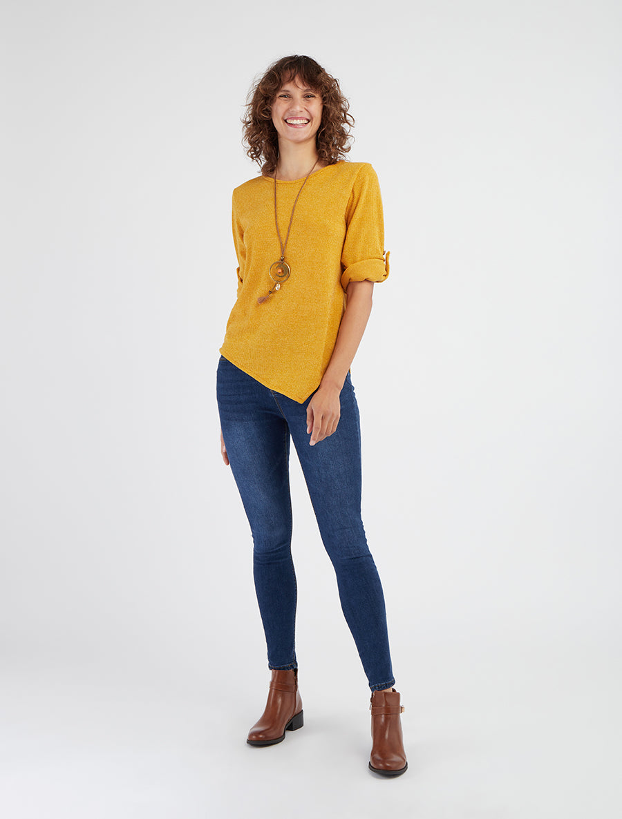 Pull fin asymétrique à manches longues retroussables - Jaune moutarde