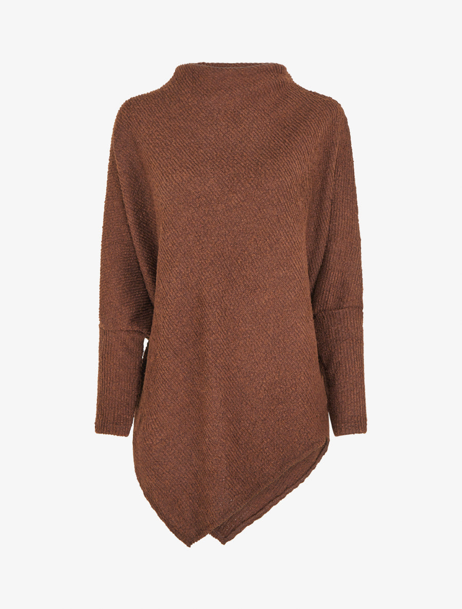 Poncho uni texturé à manches longues - Marron - 1