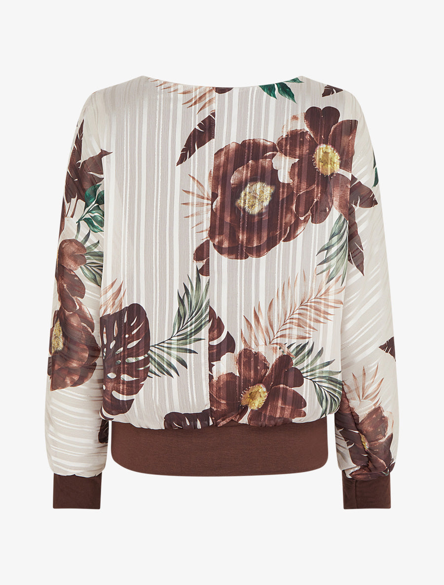 Blouse en voile imprimé feuillage à détail irisé - Marron - 2