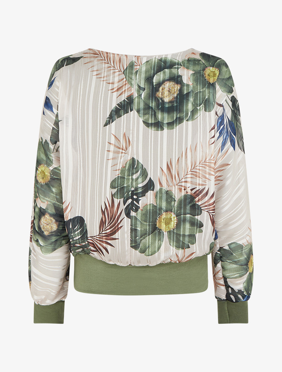Blouse en voile imprimé feuillage à détail irisé - Kaki - 2