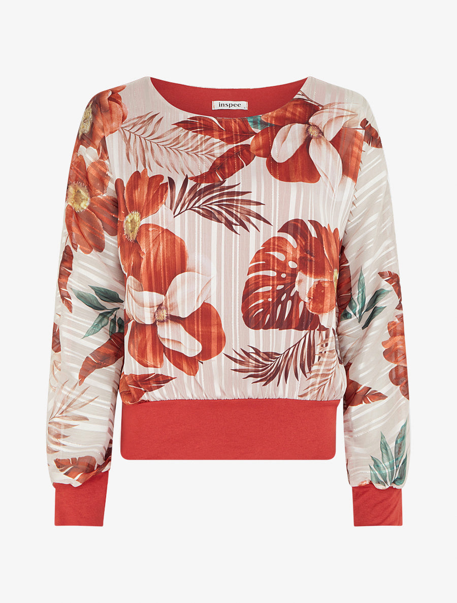 Blouse en voile imprimé feuillage à détail irisé - Terre de sienne - 1