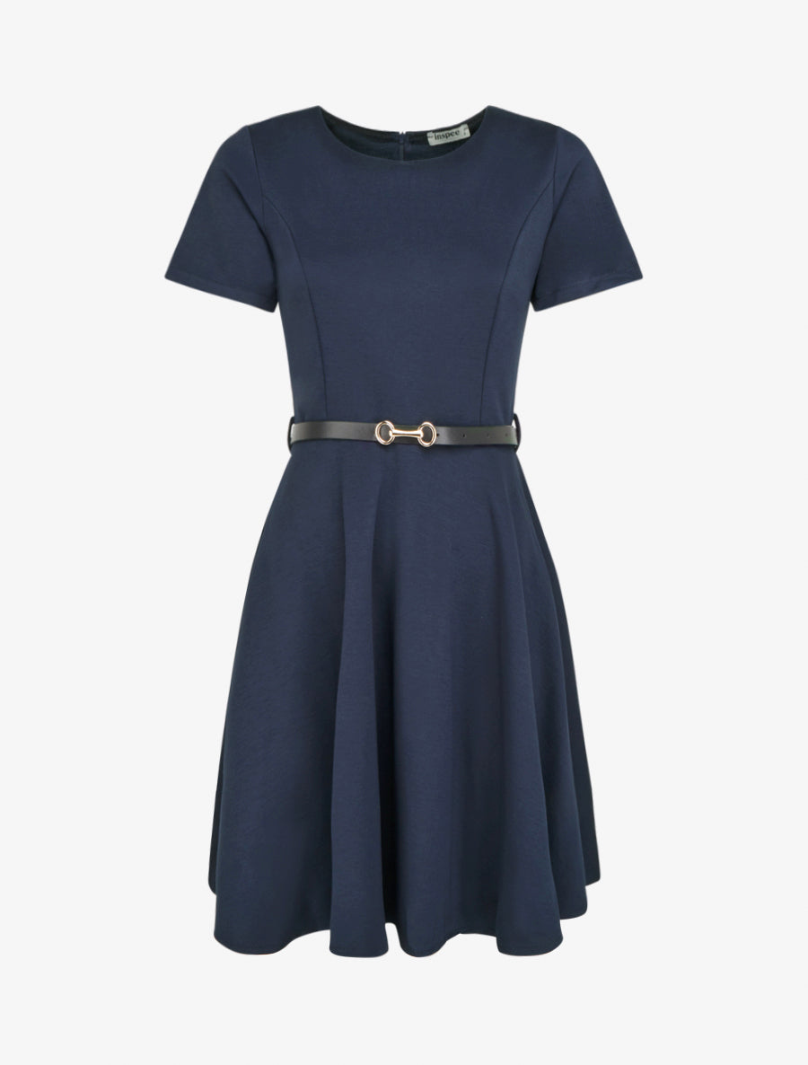 Robe patineuse unie à manches courtes - Marine - 1