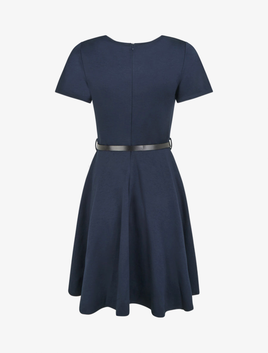 Robe patineuse unie à manches courtes - Marine - 2