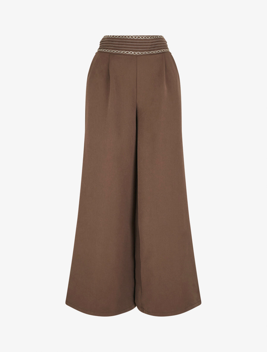 Pantalon ample uni à détail brodé - Marron - 1