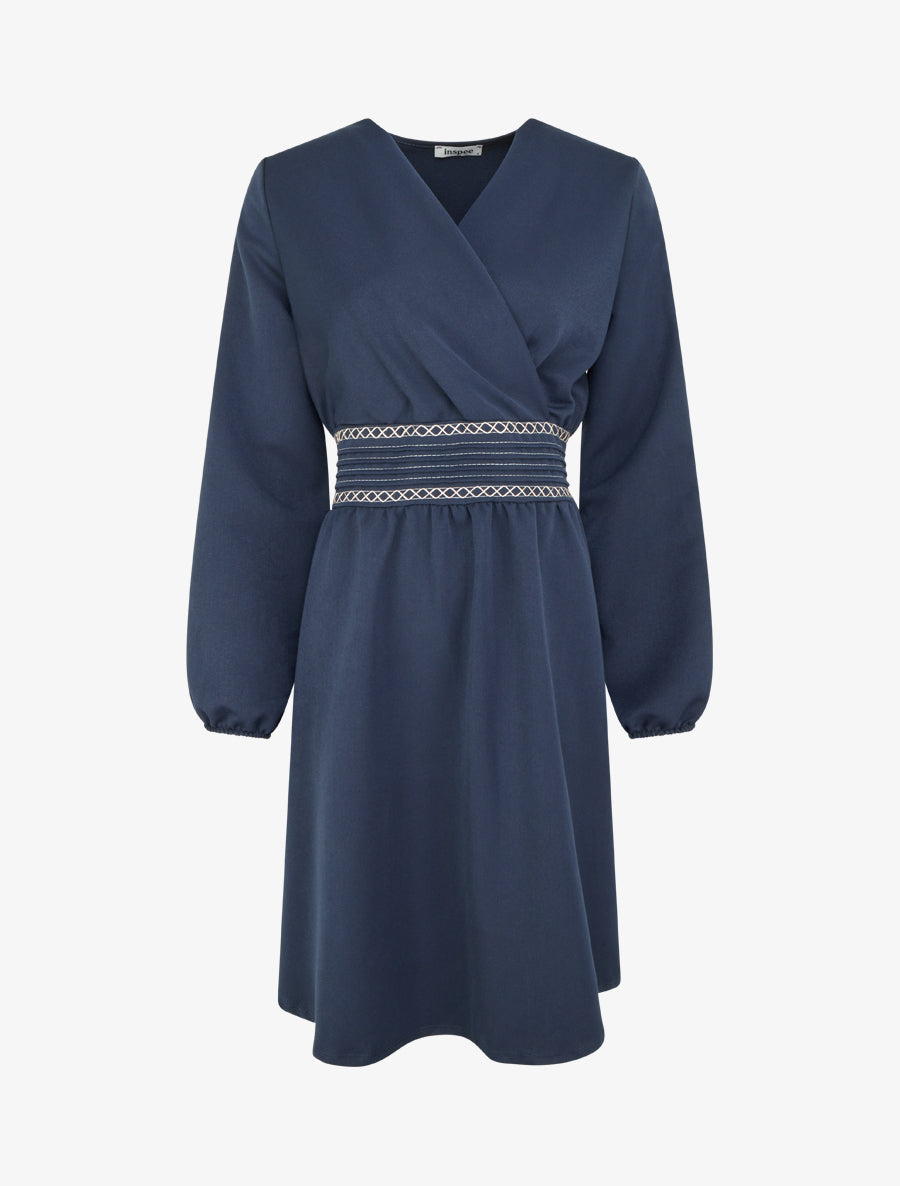 Robe uni cache-coeur à bande stylisée - Marine - 1