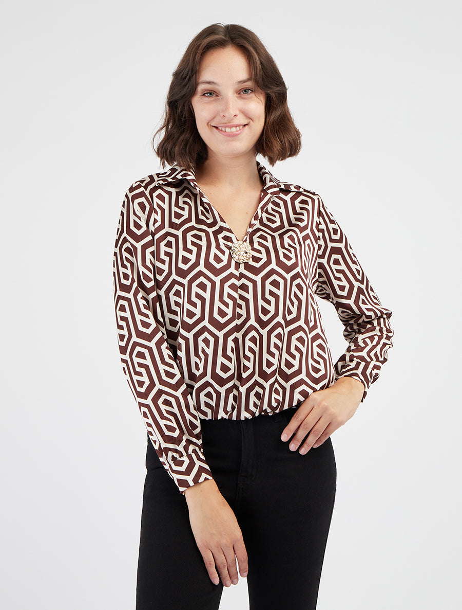 Blouse satinée imprimé rétro - Marron