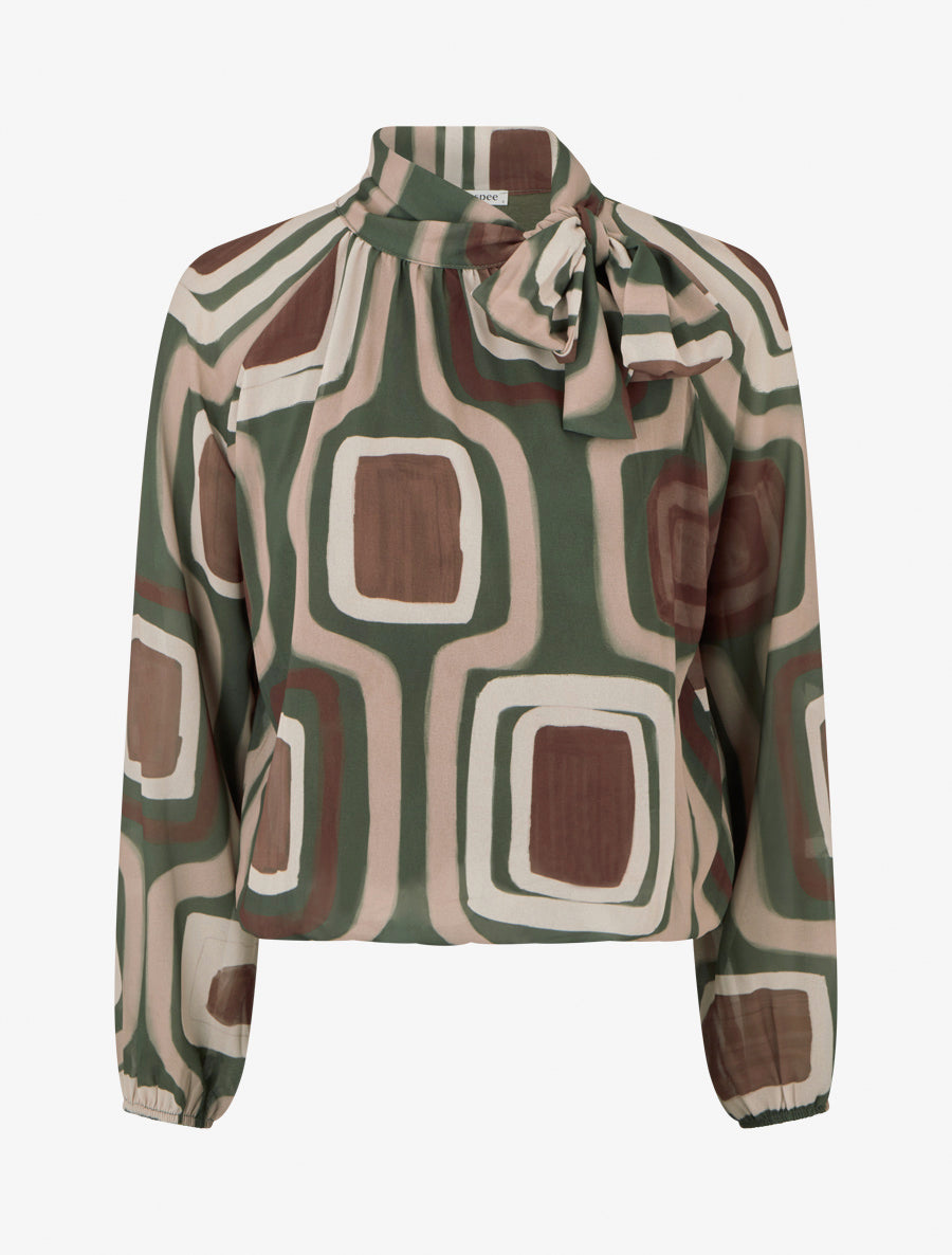 Blouse en voile imprimé rétro à nouer - Kaki - 1
