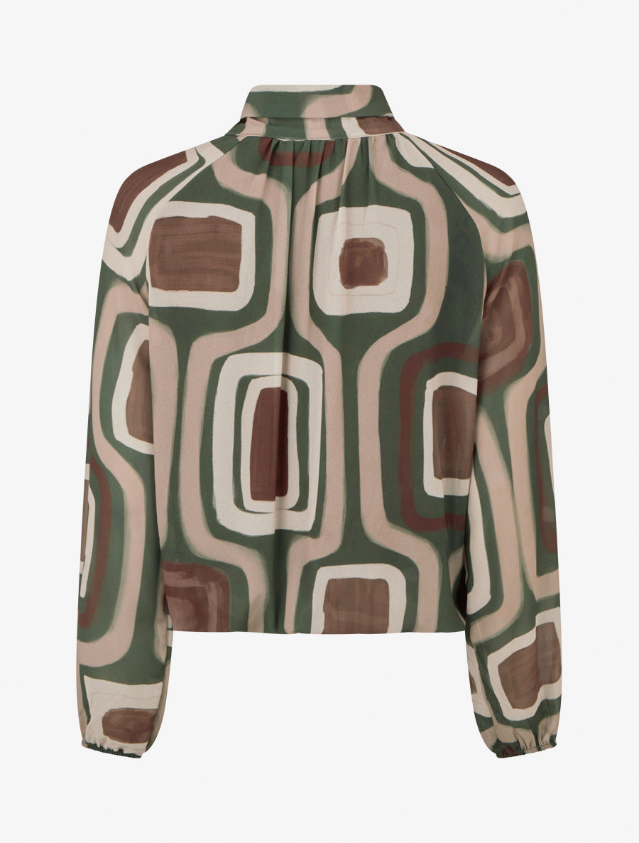 Blouse en voile imprimé rétro à nouer - Kaki - 2