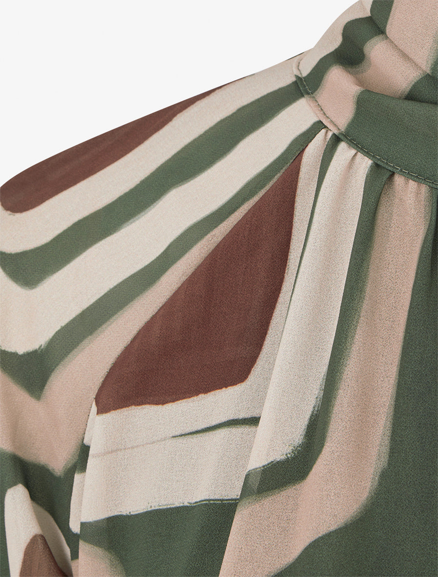 Blouse en voile imprimé rétro à nouer - Kaki - 3