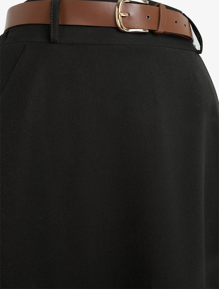 Jupe mi-longue unie ceinturée - Noir - 3