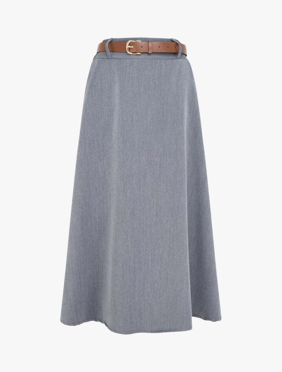 Jupe mi-longue unie ceinturée - Gris - 1