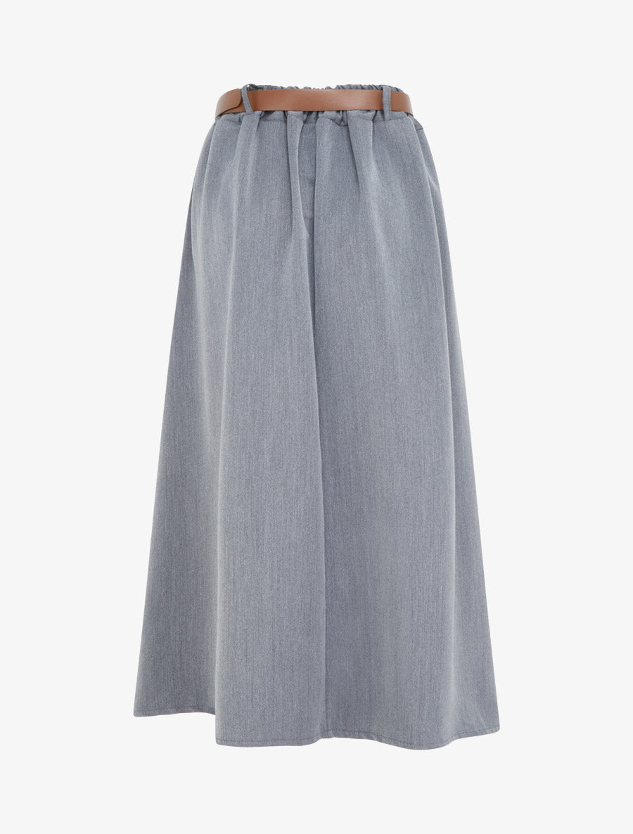 Jupe mi-longue unie ceinturée - Gris - 2
