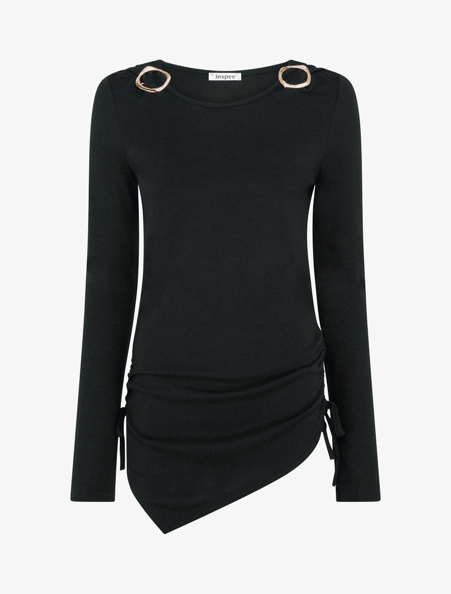 Pull droit à boucles strassées et bords asymétriques - Noir - 1