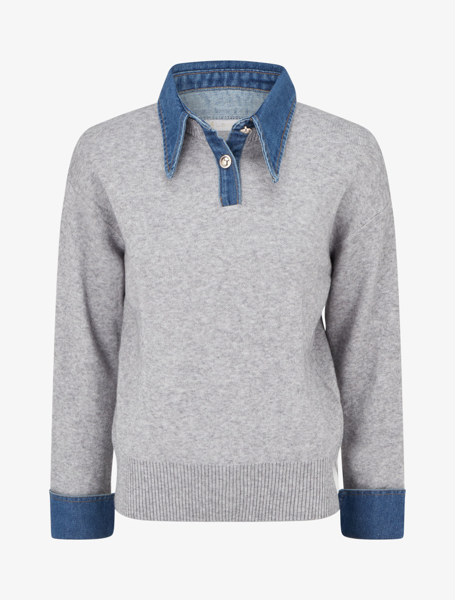Pull uni à empiècement denim - Gris - 1