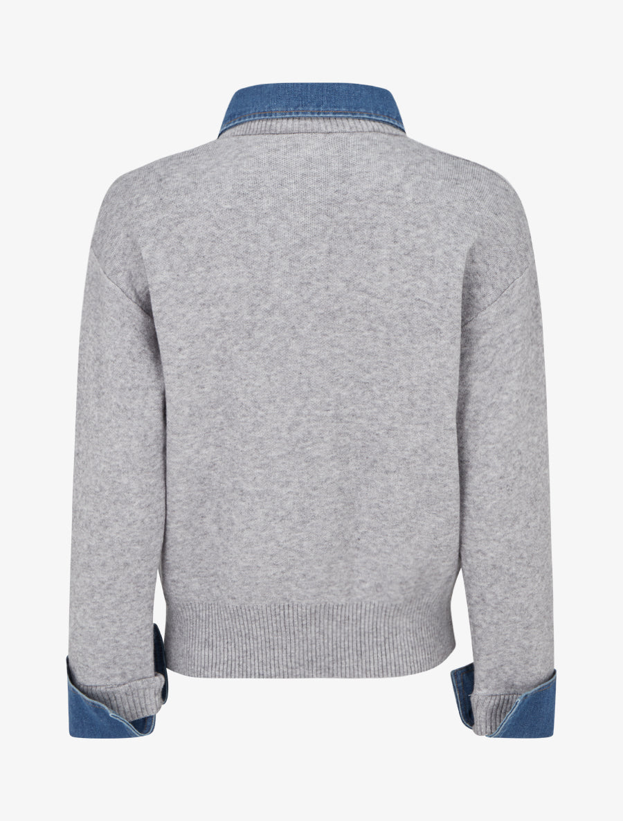 Pull uni à empiècement denim - Gris - 2