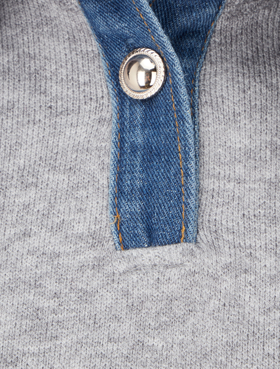 Pull uni à empiècement denim - Gris - 3